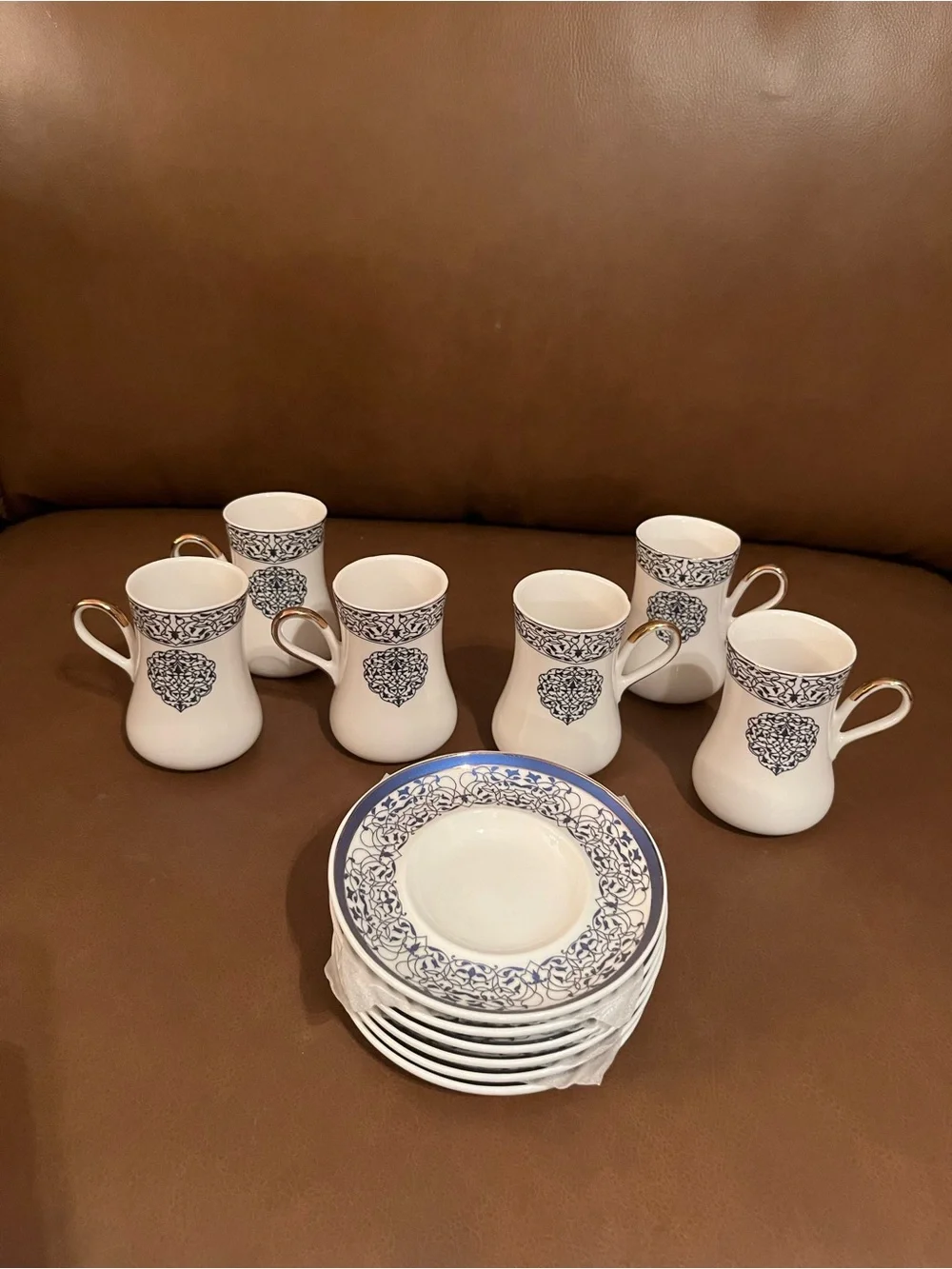 Turkish Tea Cup & Saucers Blue and White Floral Design w/ Gold Accents Set of 6
